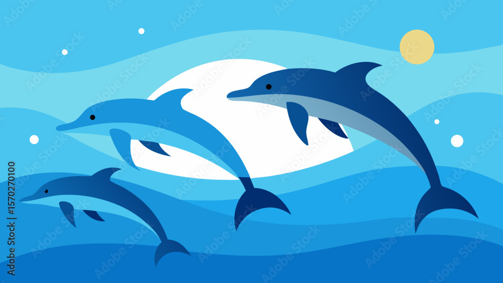 Naklejka premium Oceanic Wonders Three Dolphins Leaping Through the Waves