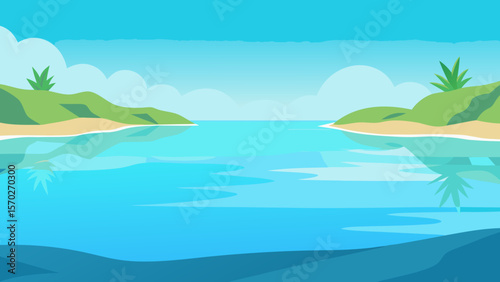 Serene Tropical Beach Scene Calm Ocean, Lush Greenery, Sunny Sky