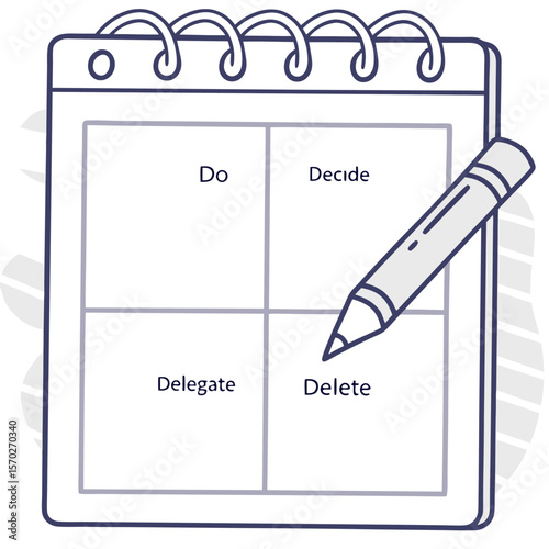 Notepad with eisenhower matrix do decide delegate and delete with a pencil on a white background