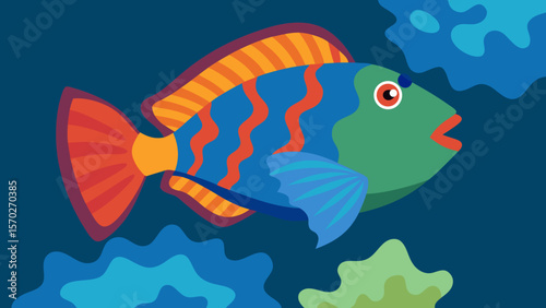 Cute cartoon tropical fish swimming in blue ocean water with bubbles