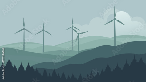 Wind turbines generate clean, renewable electricity across mountainous and hilly landscapes under a blue sky