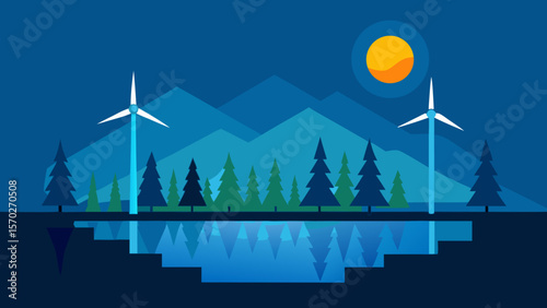 Christmas winter night landscape with a moonlit forest of snow-covered pine trees and stars in the blue sky