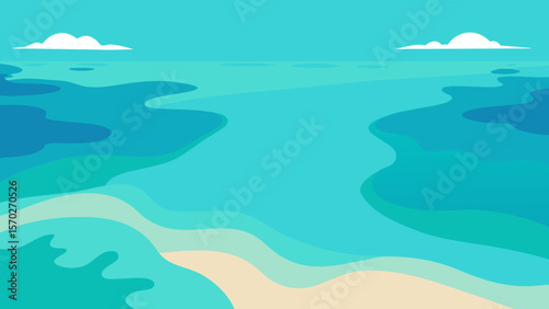 Tropical seascape vector illustration: beach, sea, and sky with a summer vacation paradise