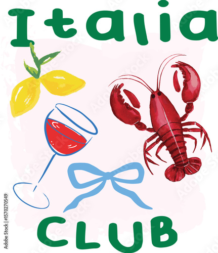 Euro Summer abstract lemon lobster cute wavy slogan trendy wine vino red glass cocktail bow cute checker modern trending Tee t-shirt logo slogan graphic artwork typography tote badge emblem sketch