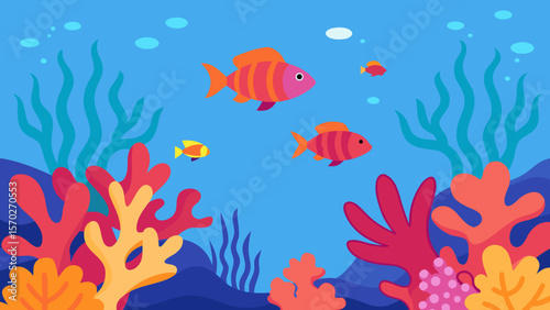 Colorful tropical fish swim among a vibrant coral reef, an underwater scene perfect for a seamless aquatic illustration