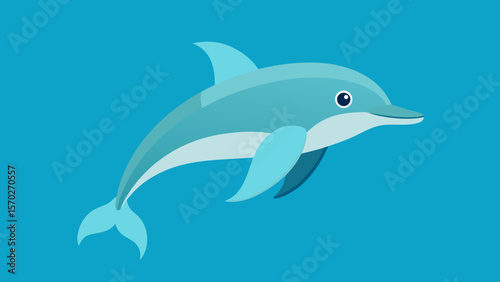 Underwater vector illustration of a cartoon dolphin swimming in blue ocean water among other marine life, isolated with a white fin