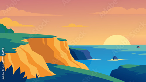 Golden sunlight dips below the horizon, painting the sky in fiery orange and red hues over the tranquil ocean coast