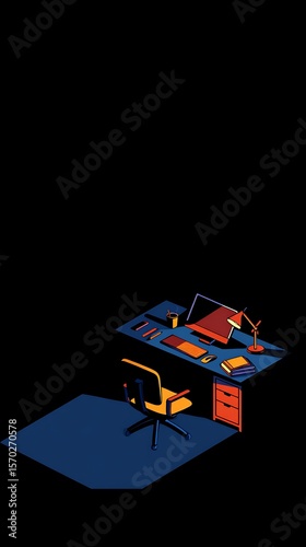 An isometric illustration of a dark workspace.