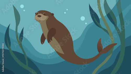 A cute cartoon vector illustration of a blue whale swimming in the ocean, surrounded by marine life and waves