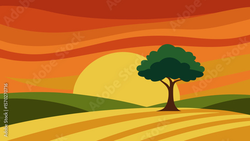Vector illustration of a summer landscape with a tree in a field under a clear sky