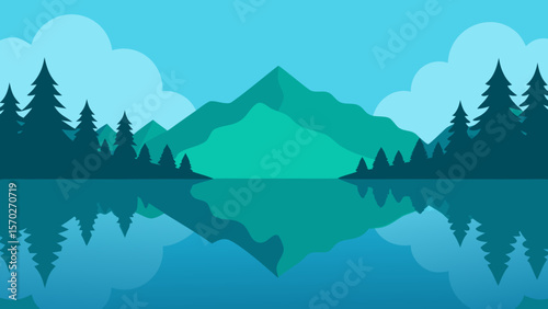 Mountain landscape with lake at sunrise, featuring mist, trees, and snow-capped peaks under a vibrant sky