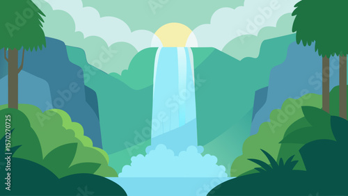 Colorful cartoon landscape with trees, mountains, and a sunny sky