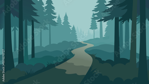Serene landscape with pine trees, mountains, and a lake, all shrouded in morning mist under a green sky
