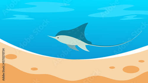 Marine life illustration with dolphins, sharks, and whales swimming in the blue ocean