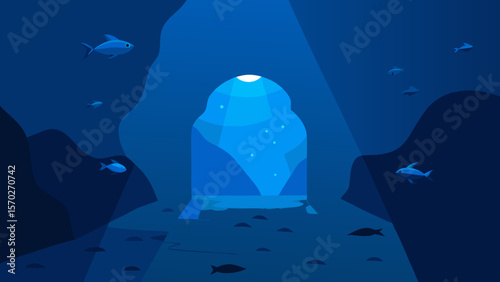 Undersea blue ocean light illuminates a vibrant marine reef where dolphins swim with diverse fish and abstract light, creating a deep nature illustration