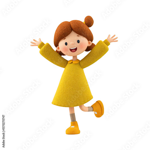 Cheerful cartoon girl joyfully raises her arms with a bright smile, set against a transparent background suitable for various creative projects, silhouette