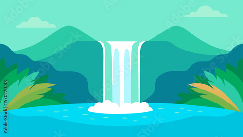 Tropical island and mountain vector landscape illustration with sea, sand, and clouds