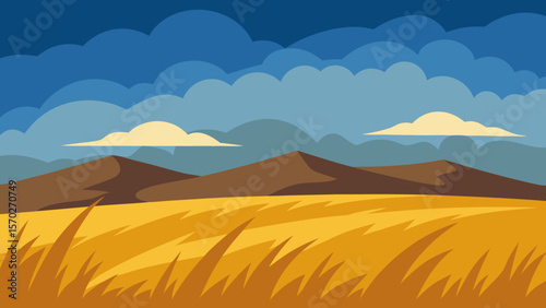 Vector illustration of a summer desert landscape with mountains, hills, and a vast sky, perfect for travel and nature themes