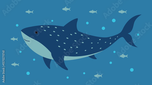 A vibrant vector illustration depicts a swimming shark and fish in the blue ocean