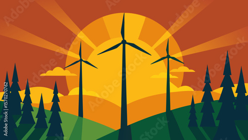 Sunset Silhouette Wind Turbines Harnessing Renewable Energy