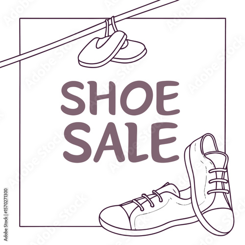 Illustration of a shoe sale advertisement featuring sneakers and slippers hanging from a clothesline design