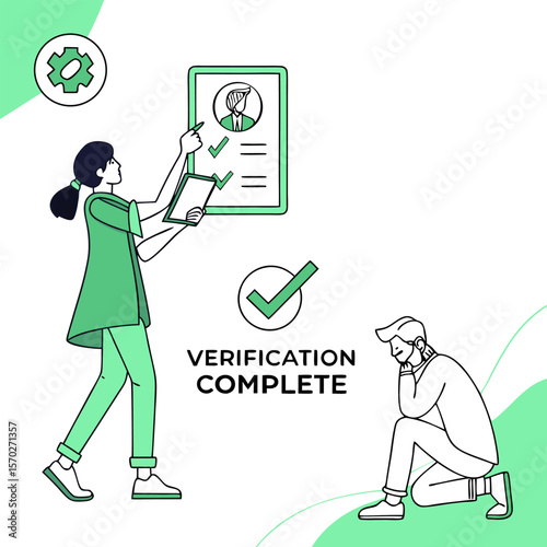 Illustration showing a woman verifying a document with a man looking dejected and verification complete text