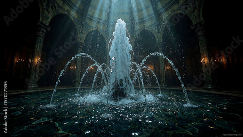 Majestic water fountain in enigmatic chamber display