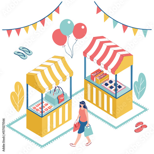 Isometric view of a woman walking past market stalls with balloons and bunting decorations in the background