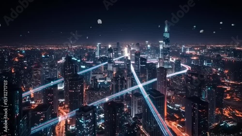 Wallpaper Mural Aerial view of a vibrant city skyline at night, showcasing illuminated buildings and busy streets Torontodigital.ca