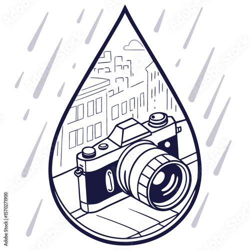 Illustration of a camera with a city background inside a raindrop with raindrops falling around it nicely done