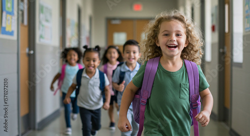 Group of Young Children Running in School Hallway
