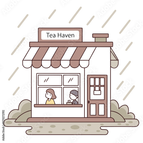 Illustration of tea haven shop with awning, people inside, door, bushes, and rain falling in the background