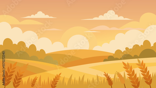 Autumn landscape vector illustration: a serene wheat field under a vast sky with rolling hills and distant mountains