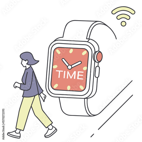 Illustration of a woman walking next to a large smartwatch displaying the word time and wifi symbol