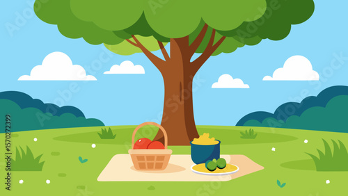 Perfect Summer Picnic Under the Tree Shade, Enjoying Nature's Bounty