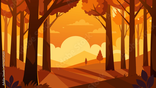 Autumn Sunset in the Woods A Serene Forest Landscape Illustration