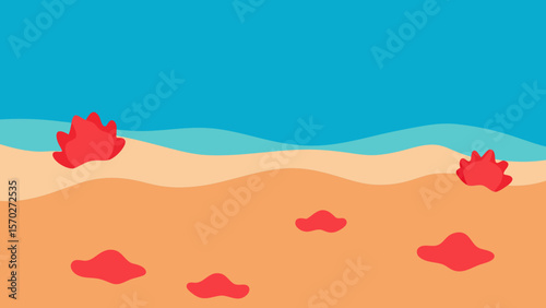 Vibrant Summer Beach Scene Coral Reef and Ocean Waves Illustration