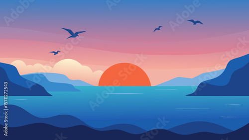 Serene Sunset Landscape Coastal Mountains, Ocean, and Birds in Flight