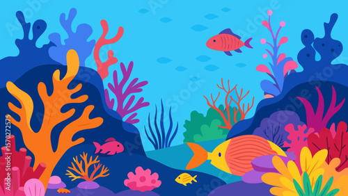 Vibrant Underwater Scene Colorful Coral Reef and Fish Illustration