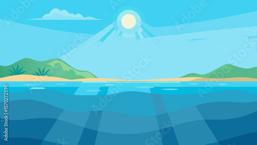 Serene Underwater Paradise Sunlit Ocean Scene, Tropical Island Vista