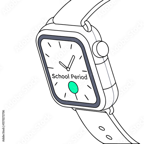 Close up of a smartwatch displaying the time with the words school period and a green dot on the screen