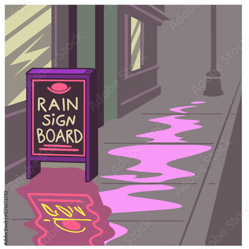 Illustration of a rain sign board on a sidewalk near a building with rain puddles reflecting light