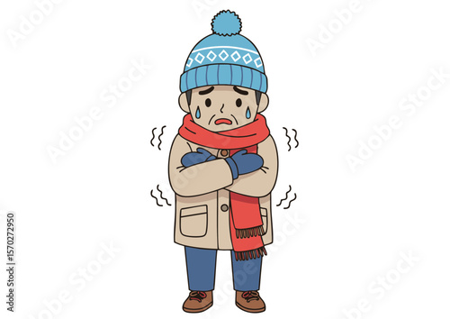 Cartoon Man Shivering in Winter Clothes with Tears and Arms Crossed.
