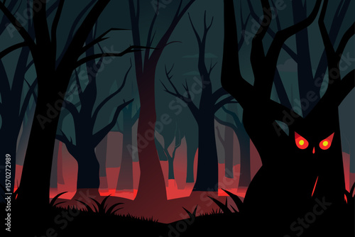 Spooky Halloween night landscape with a pumpkin, tree silhouettes, and bats against an orange moonlit sky