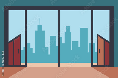 Modern office building in abstract city with financial growth symbols