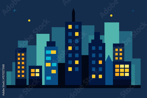 Urban skyline at night: a luminous cityscape illustration featuring towering buildings and a starlit sky