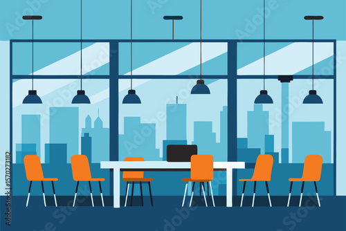 Modern interior design vector illustration of an empty cafe or bar with chairs, tables, and furniture for business meetings or dining