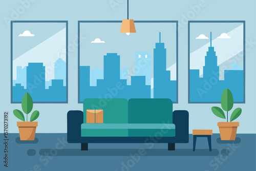 Modern urban city skyline vector illustration with architectural office buildings and skyscraper silhouettes