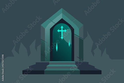 Silhouette of a man in a doorway of a church building, vector illustration design symbol
