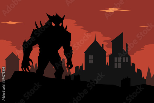 Spooky Halloween castle at night with a dragon silhouette perched on the roof and bats flying under a full moon, a dark, haunted illustration for your holiday horror